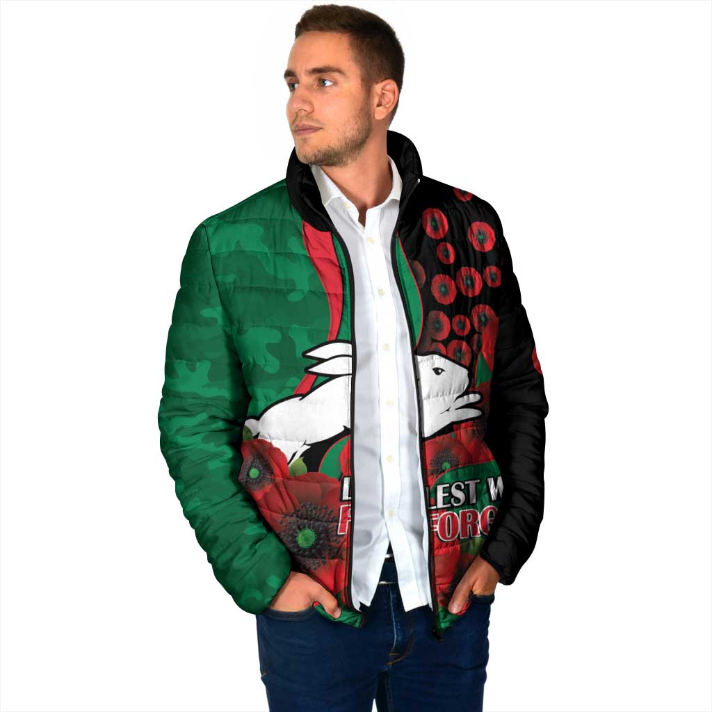 South Sydney Rabbitohs ANZAC Personalised Padded Jacket Lest We Forget Poppy Camo