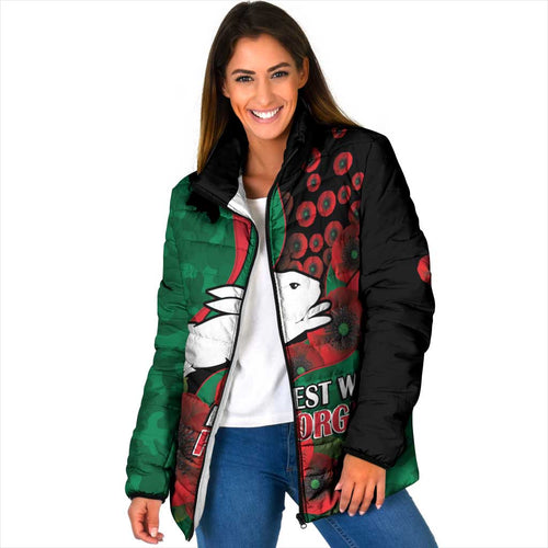 South Sydney Rabbitohs ANZAC Personalised Padded Jacket Lest We Forget Poppy Camo