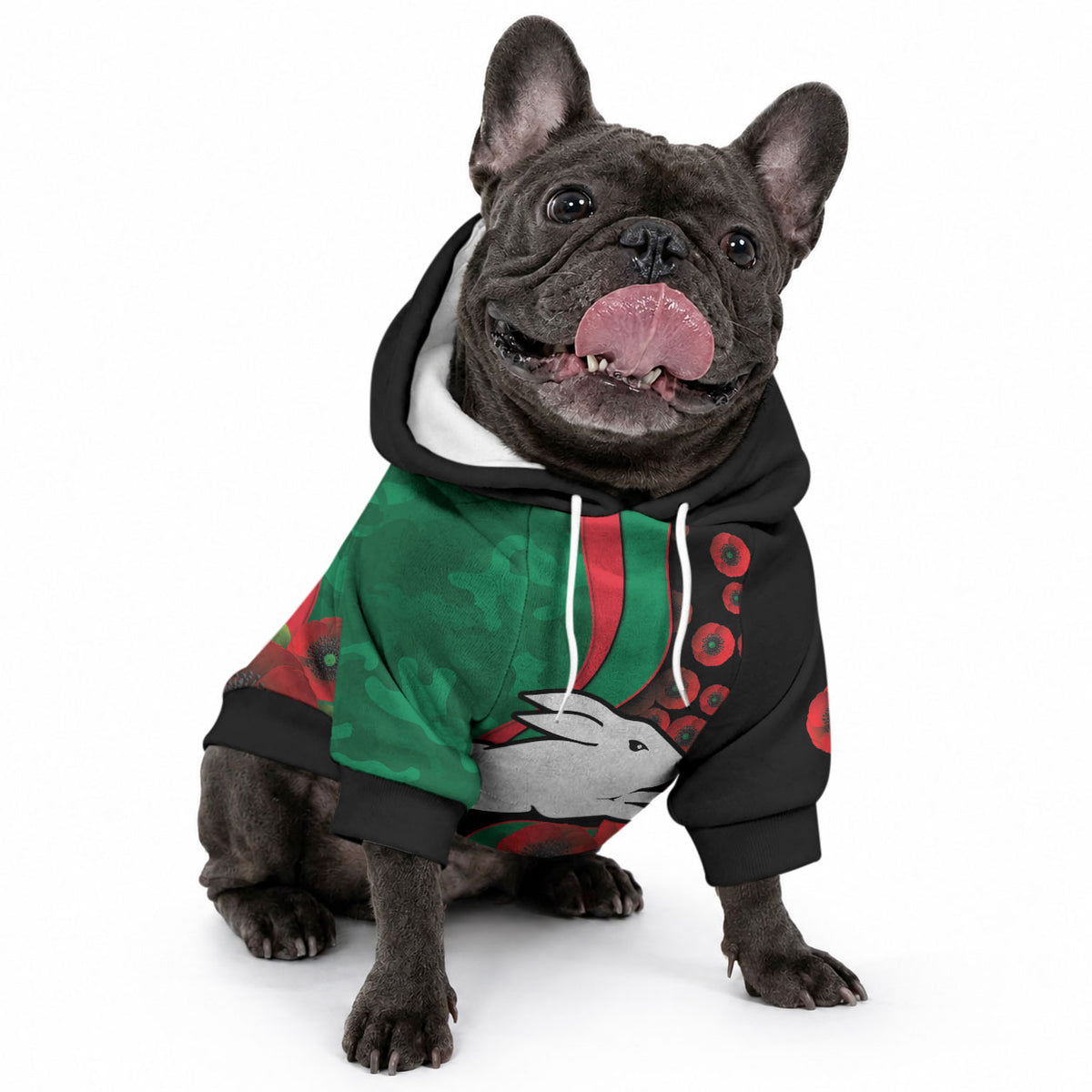 South Sydney Rabbitohs ANZAC Personalised Pet Hoodie Lest We Forget Poppy Camo