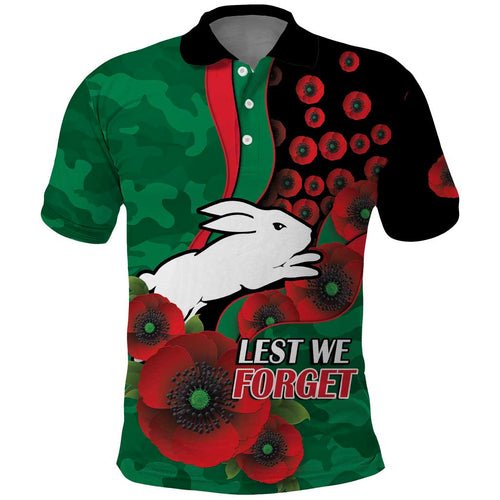 South Sydney Rabbitohs ANZAC Personalised Polo Shirt Lest We Forget Poppy Camo