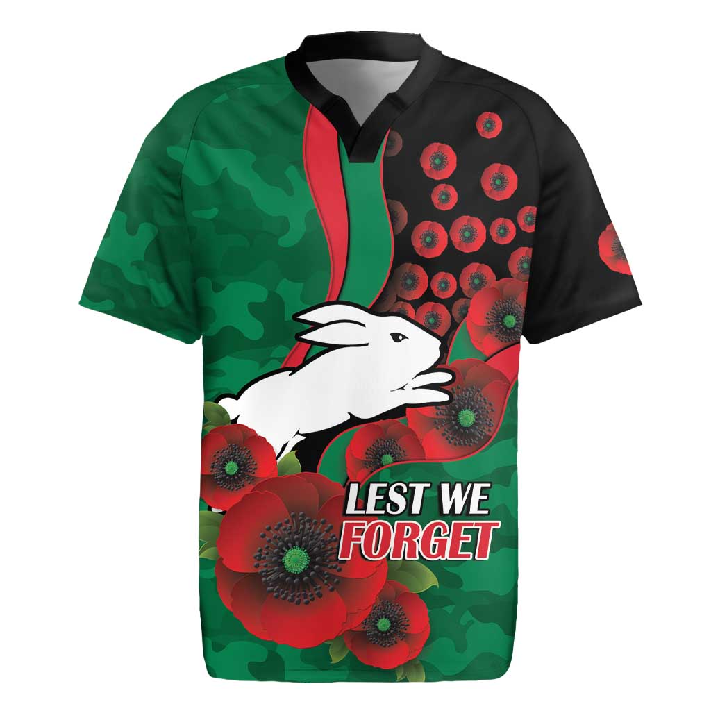 South Sydney Rabbitohs ANZAC Personalised Rugby Jersey Lest We Forget Poppy Camo