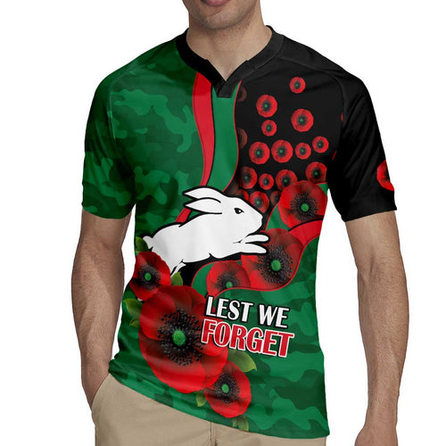 South Sydney Rabbitohs ANZAC Personalised Rugby Jersey Lest We Forget Poppy Camo