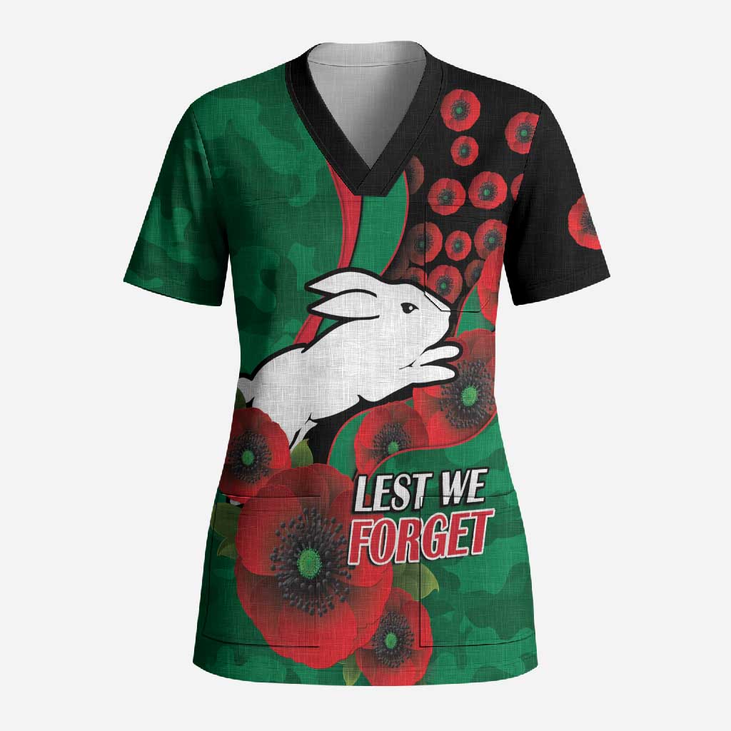 South Sydney Rabbitohs ANZAC Personalised Scrub Top Lest We Forget Poppy Camo