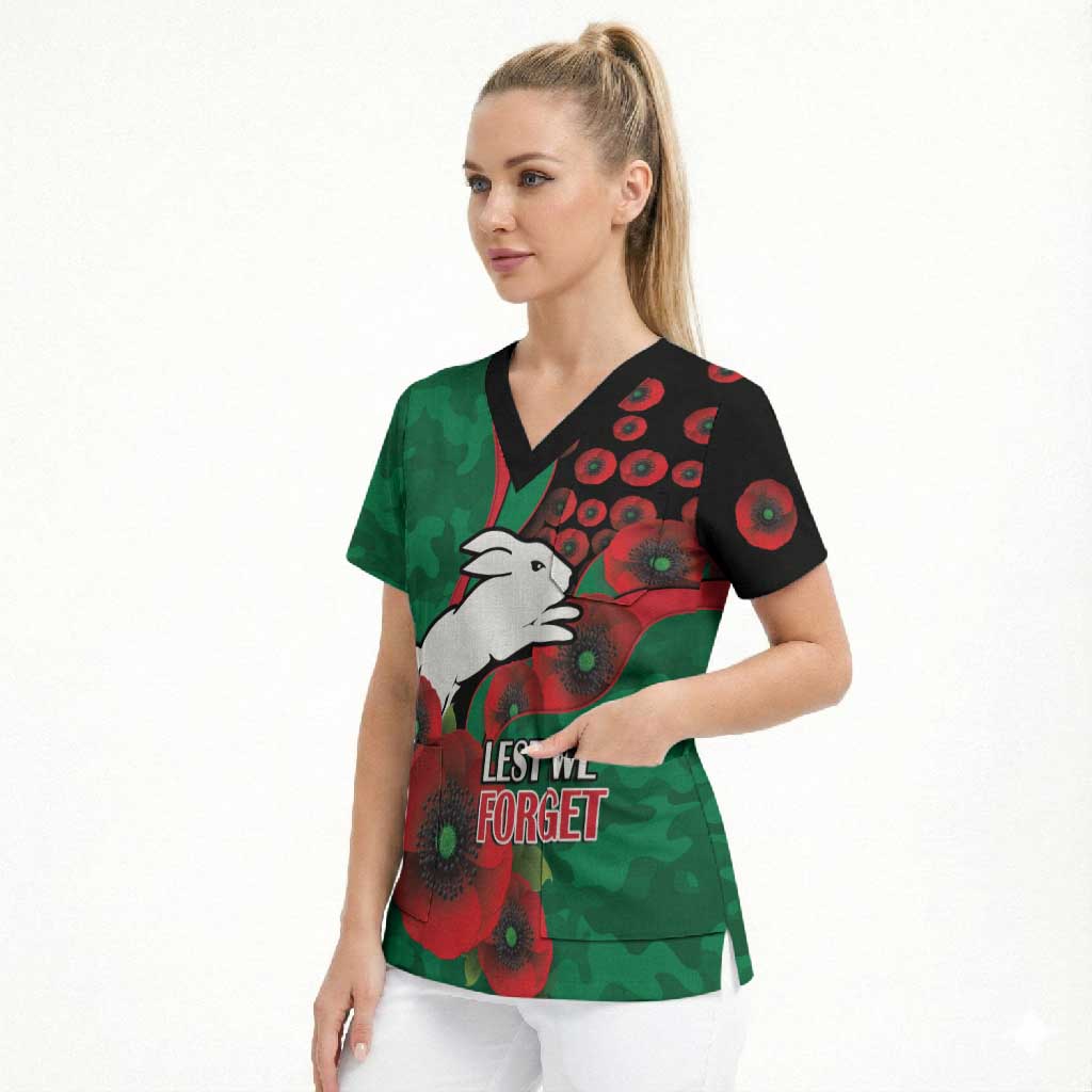 South Sydney Rabbitohs ANZAC Personalised Scrub Top Lest We Forget Poppy Camo