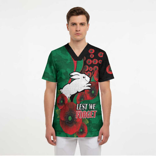 South Sydney Rabbitohs ANZAC Personalised Scrub Top Lest We Forget Poppy Camo