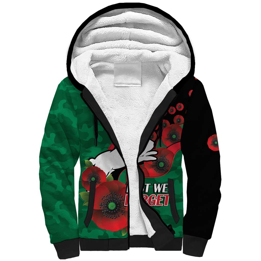 South Sydney Rabbitohs ANZAC Personalised Sherpa Hoodie Lest We Forget Poppy Camo