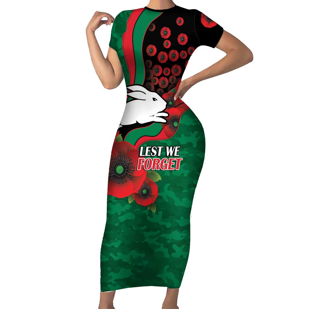 South Sydney Rabbitohs ANZAC Personalised Short Sleeve Bodycon Dress Lest We Forget Poppy Camo