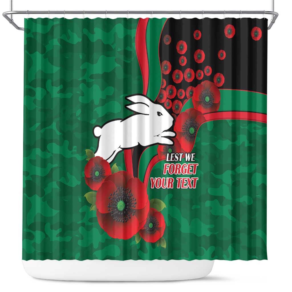 South Sydney Rabbitohs ANZAC Personalised Shower Curtain Lest We Forget Poppy Camo