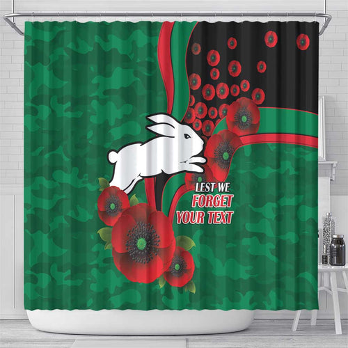 South Sydney Rabbitohs ANZAC Personalised Shower Curtain Lest We Forget Poppy Camo