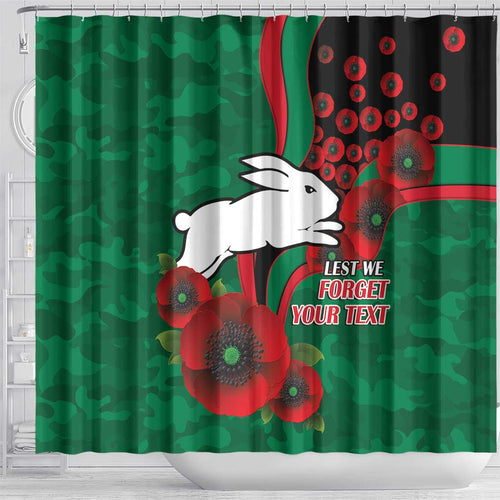 South Sydney Rabbitohs ANZAC Personalised Shower Curtain Lest We Forget Poppy Camo