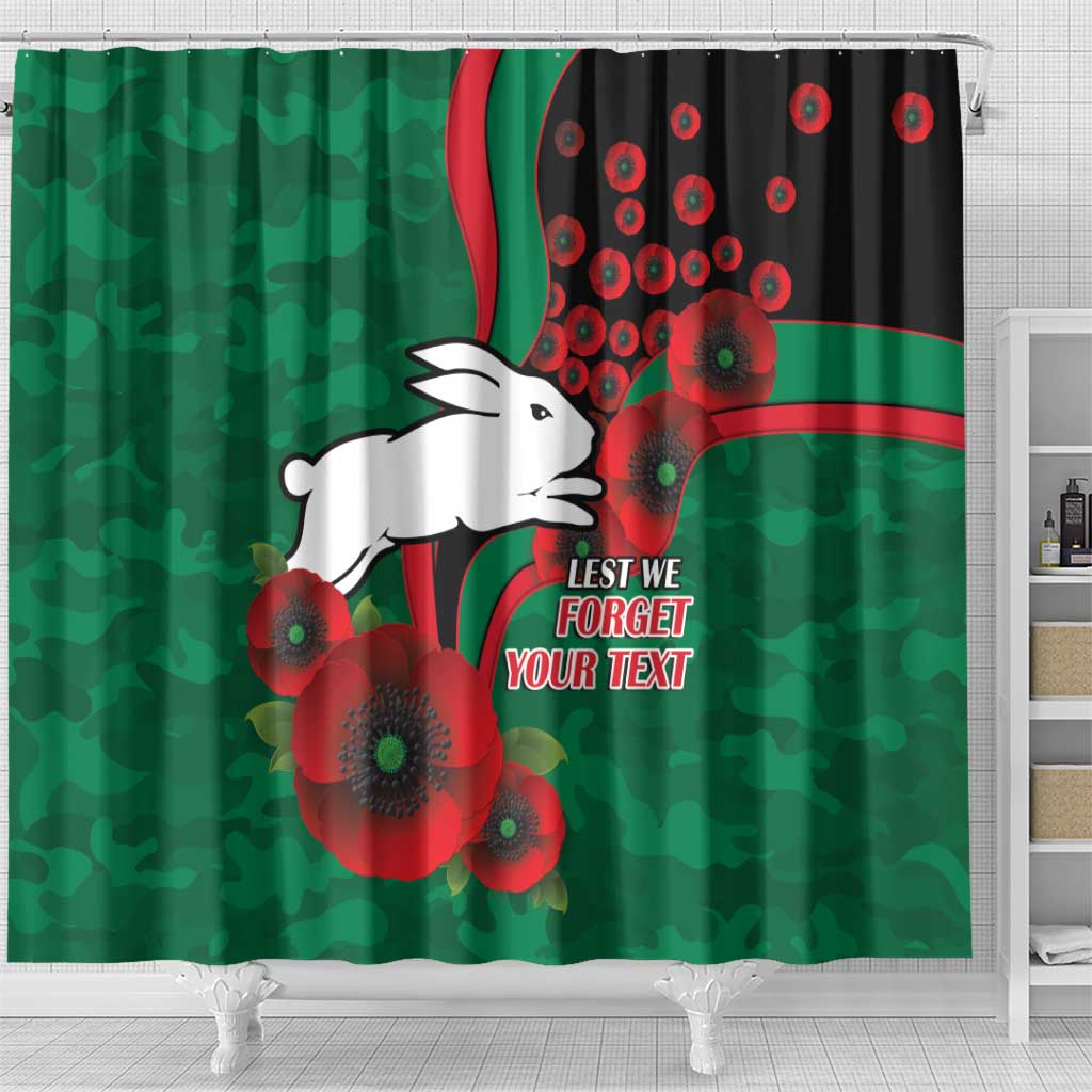 South Sydney Rabbitohs ANZAC Personalised Shower Curtain Lest We Forget Poppy Camo