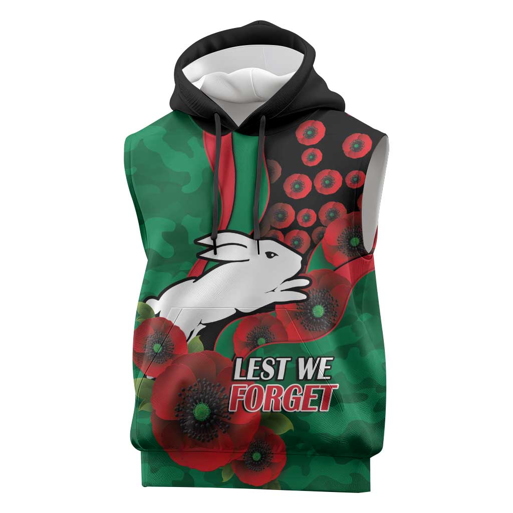 South Sydney Rabbitohs ANZAC Personalised Sleeveless Hoodie Lest We Forget Poppy Camo