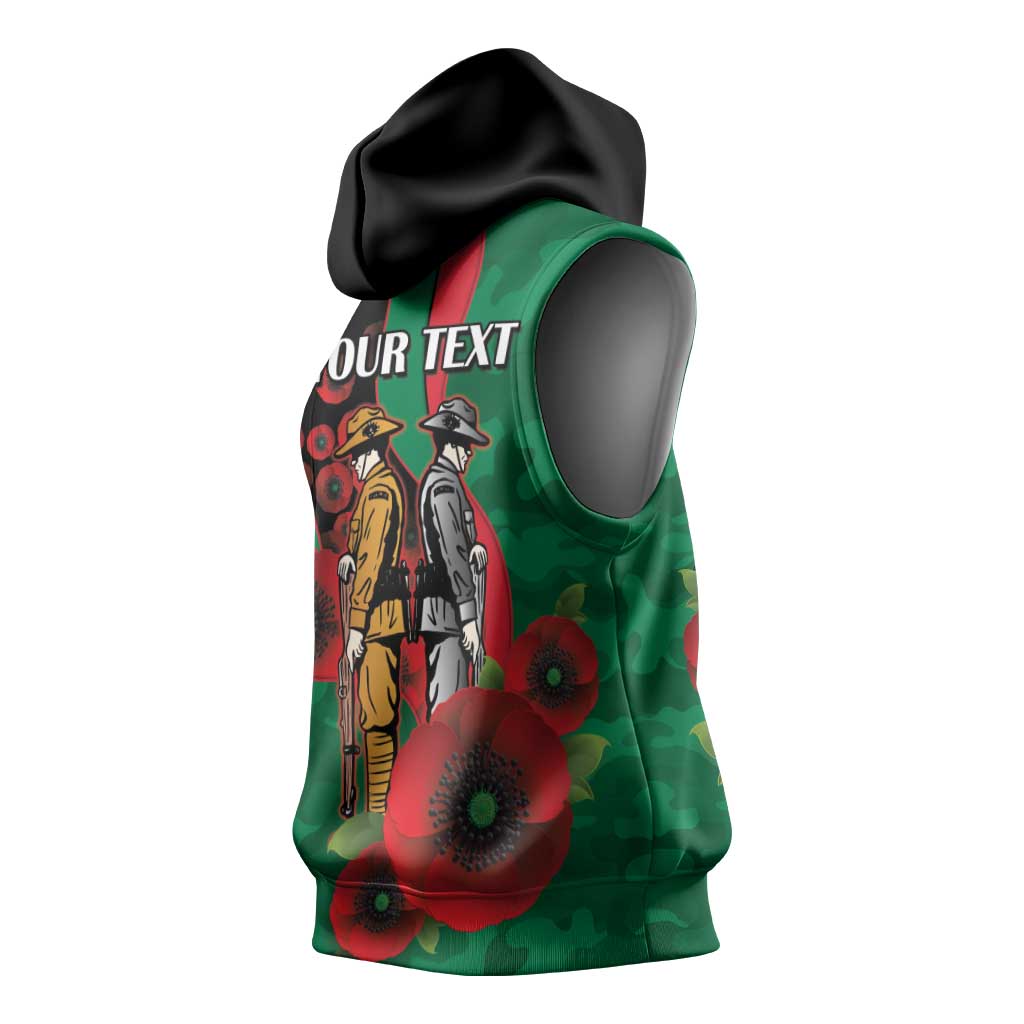 South Sydney Rabbitohs ANZAC Personalised Sleeveless Hoodie Lest We Forget Poppy Camo
