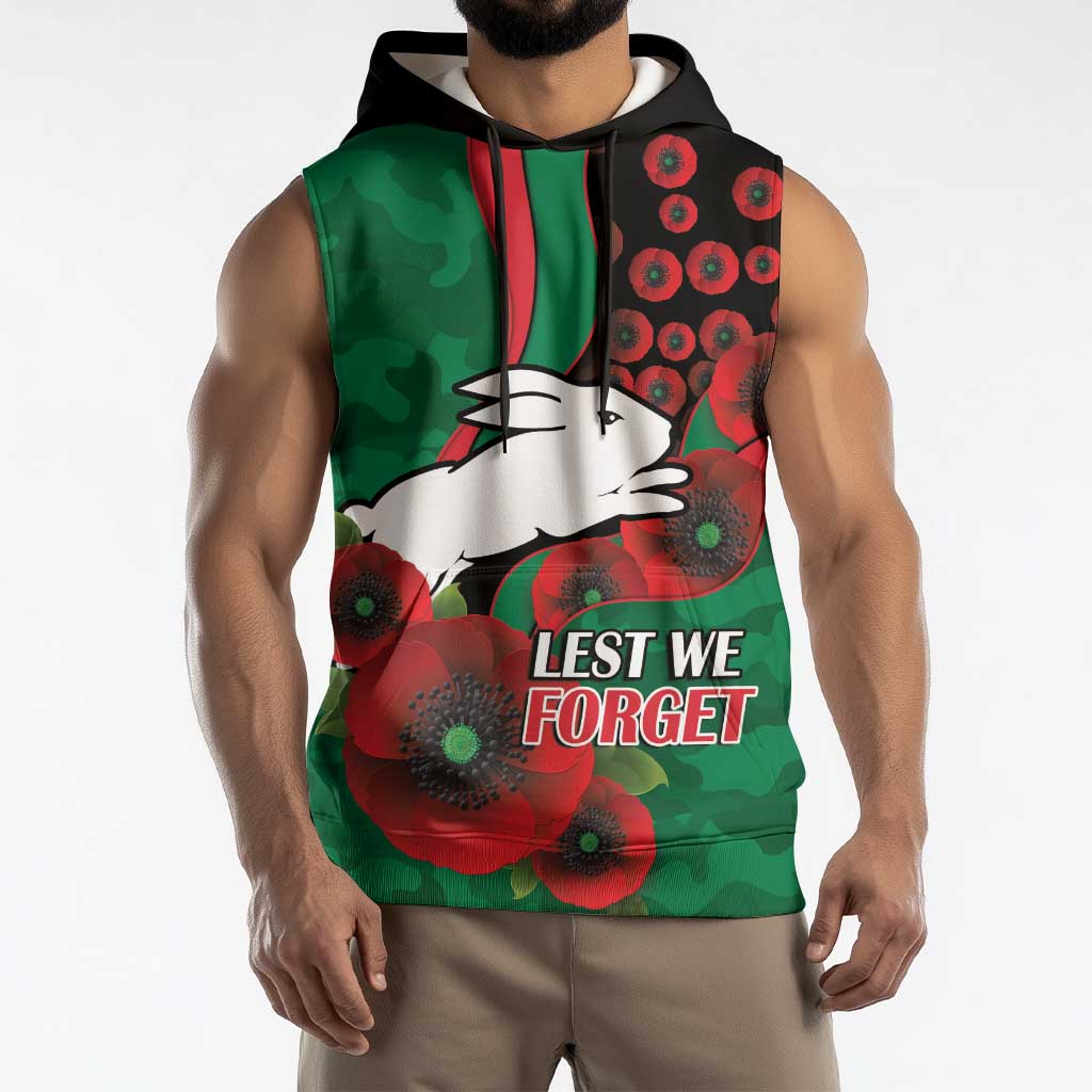 South Sydney Rabbitohs ANZAC Personalised Sleeveless Hoodie Lest We Forget Poppy Camo