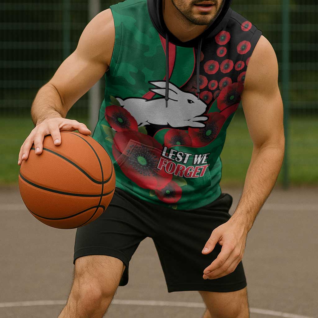 South Sydney Rabbitohs ANZAC Personalised Sleeveless Hoodie Lest We Forget Poppy Camo