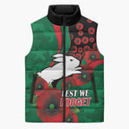 South Sydney Rabbitohs ANZAC Personalised Sleeveless Puffer Jacket Lest We Forget Poppy Camo