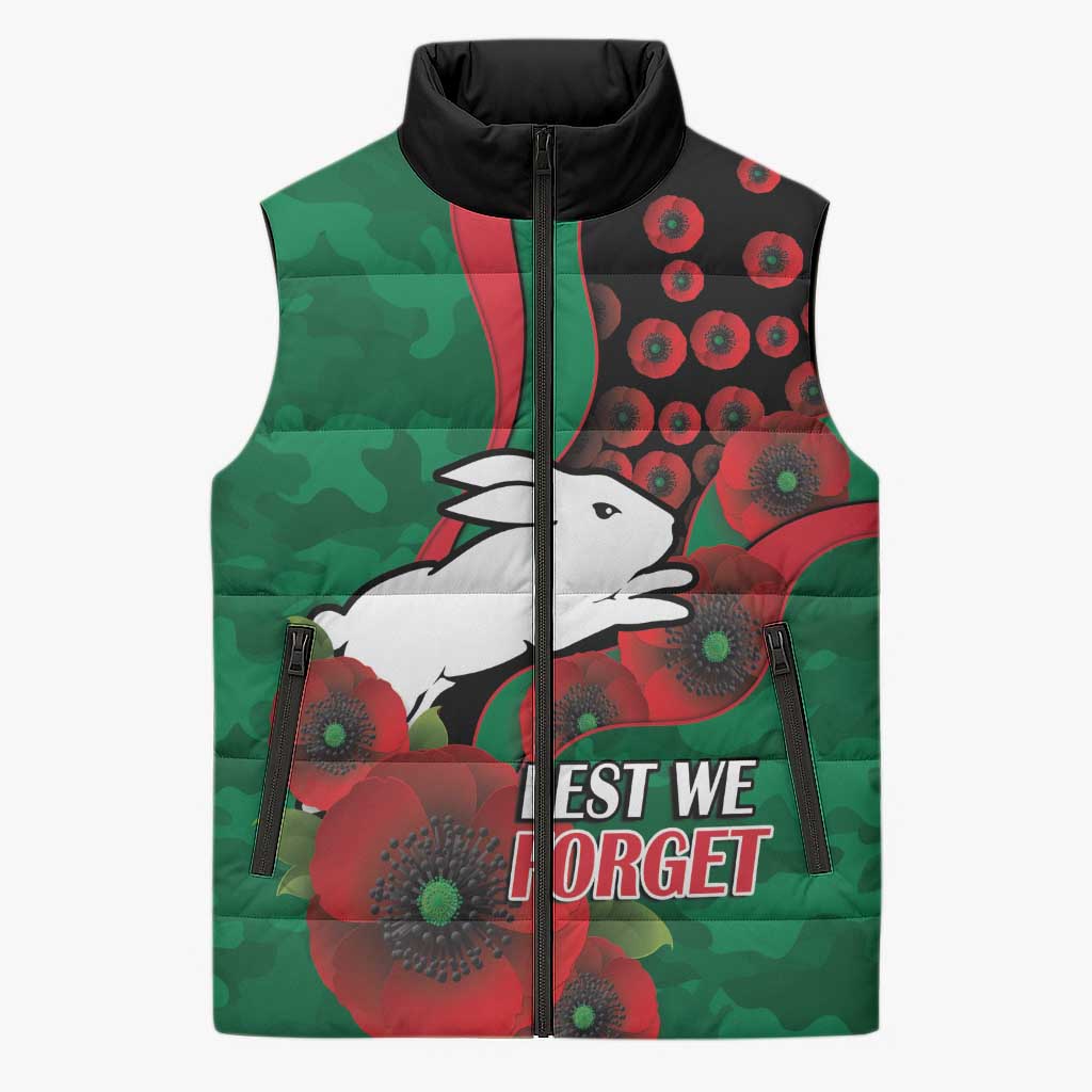 South Sydney Rabbitohs ANZAC Personalised Sleeveless Puffer Jacket Lest We Forget Poppy Camo