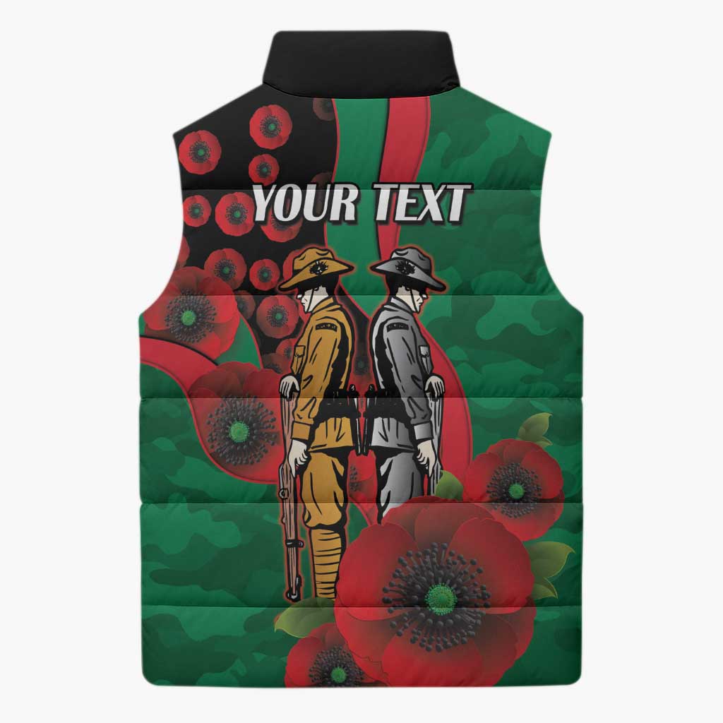South Sydney Rabbitohs ANZAC Personalised Sleeveless Puffer Jacket Lest We Forget Poppy Camo