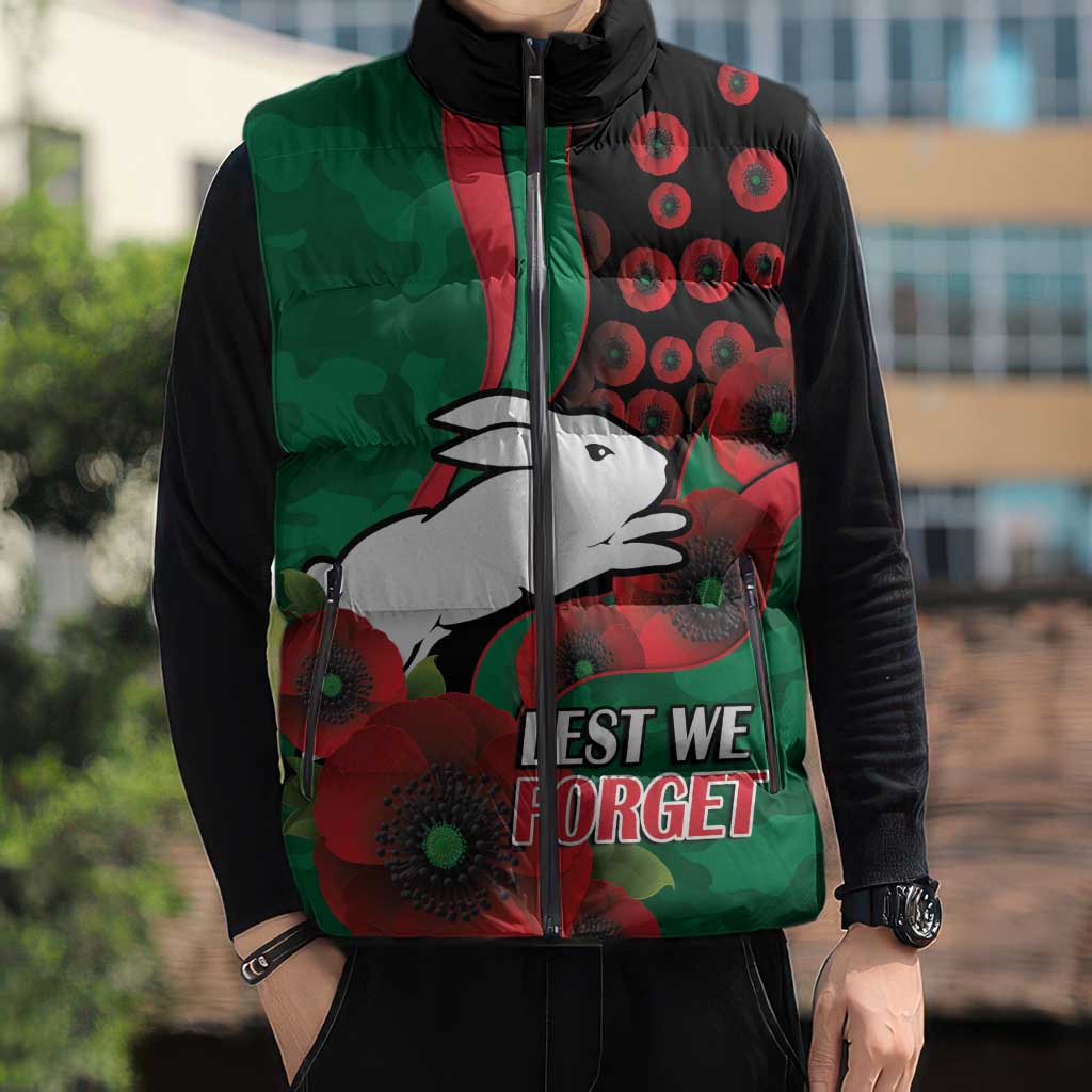 South Sydney Rabbitohs ANZAC Personalised Sleeveless Puffer Jacket Lest We Forget Poppy Camo