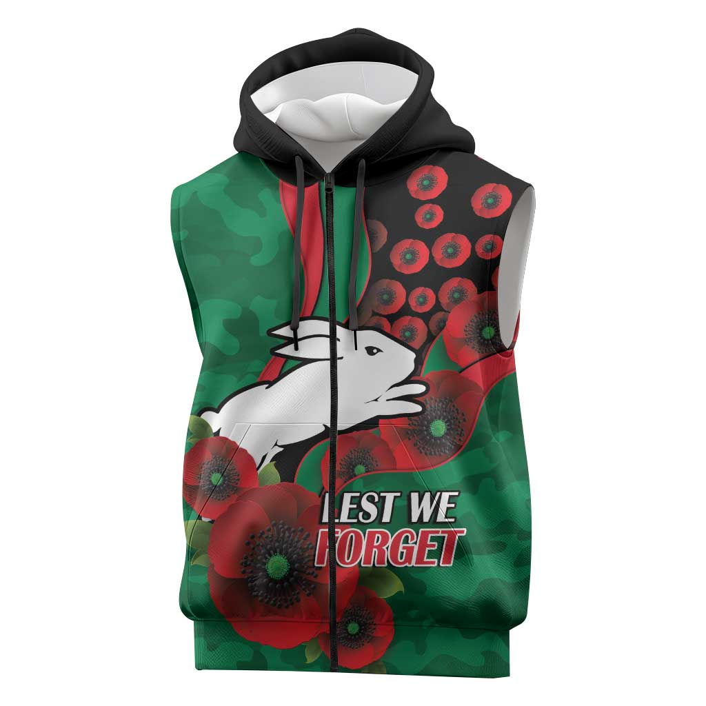 South Sydney Rabbitohs ANZAC Personalised Sleeveless Zip Hoodie Lest We Forget Poppy Camo