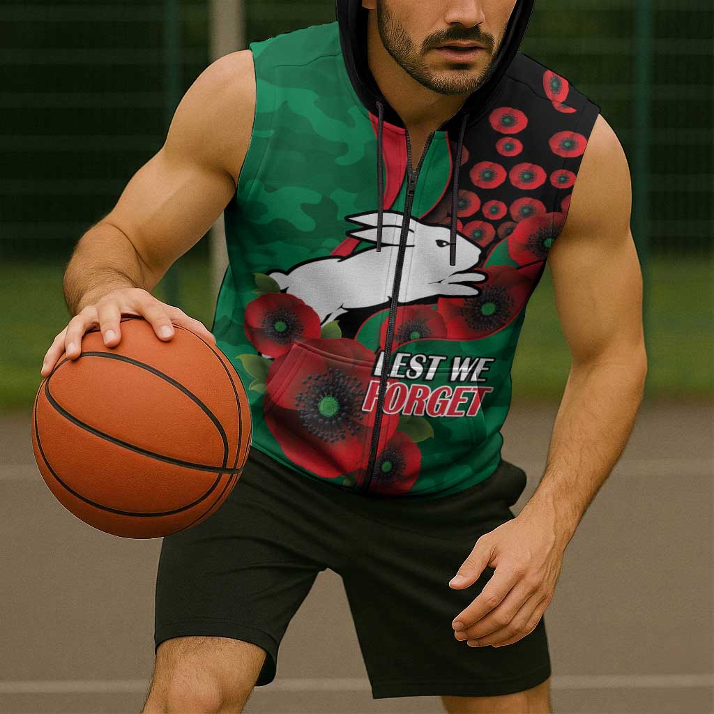 South Sydney Rabbitohs ANZAC Personalised Sleeveless Zip Hoodie Lest We Forget Poppy Camo