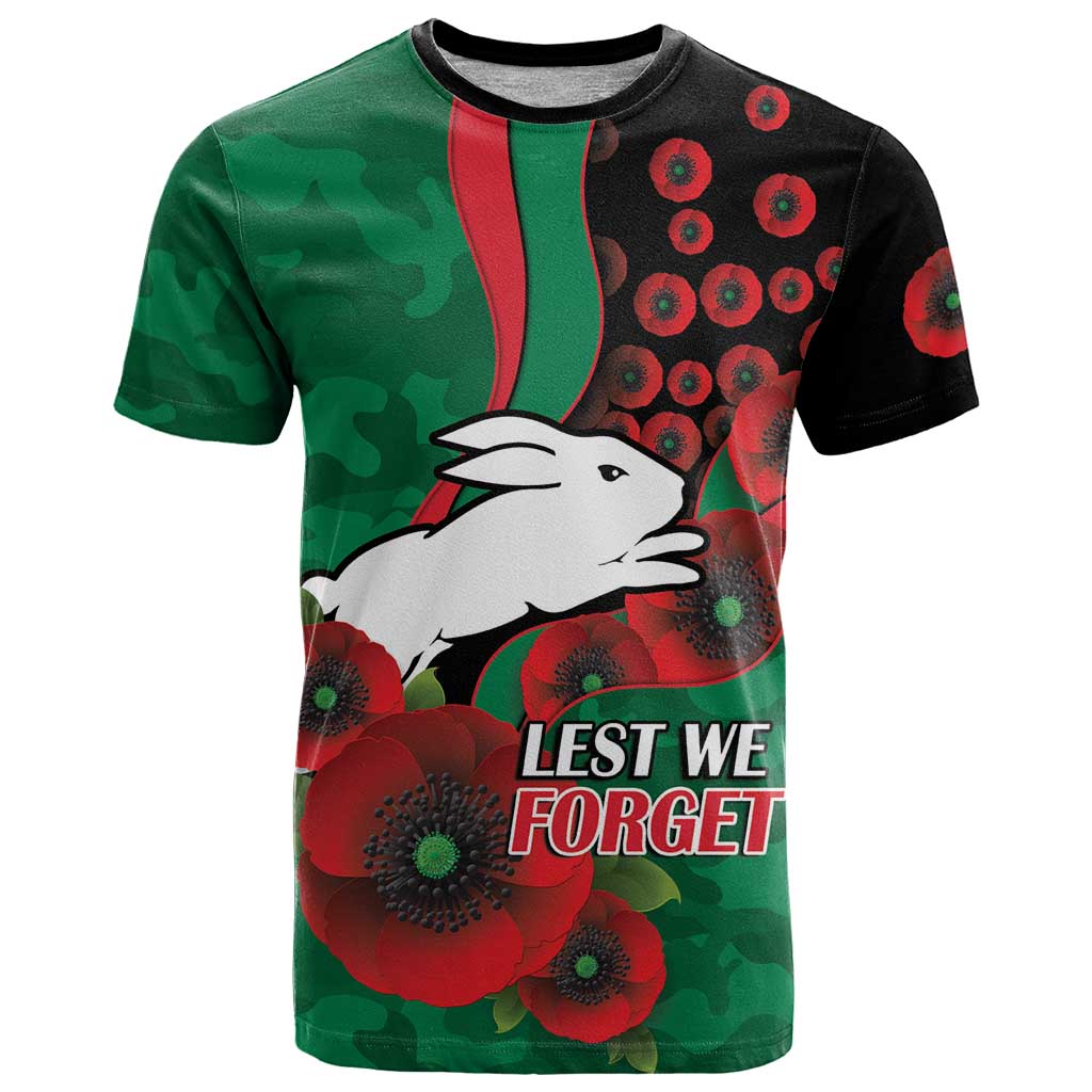 South Sydney Rabbitohs ANZAC Personalised T Shirt Lest We Forget Poppy Camo