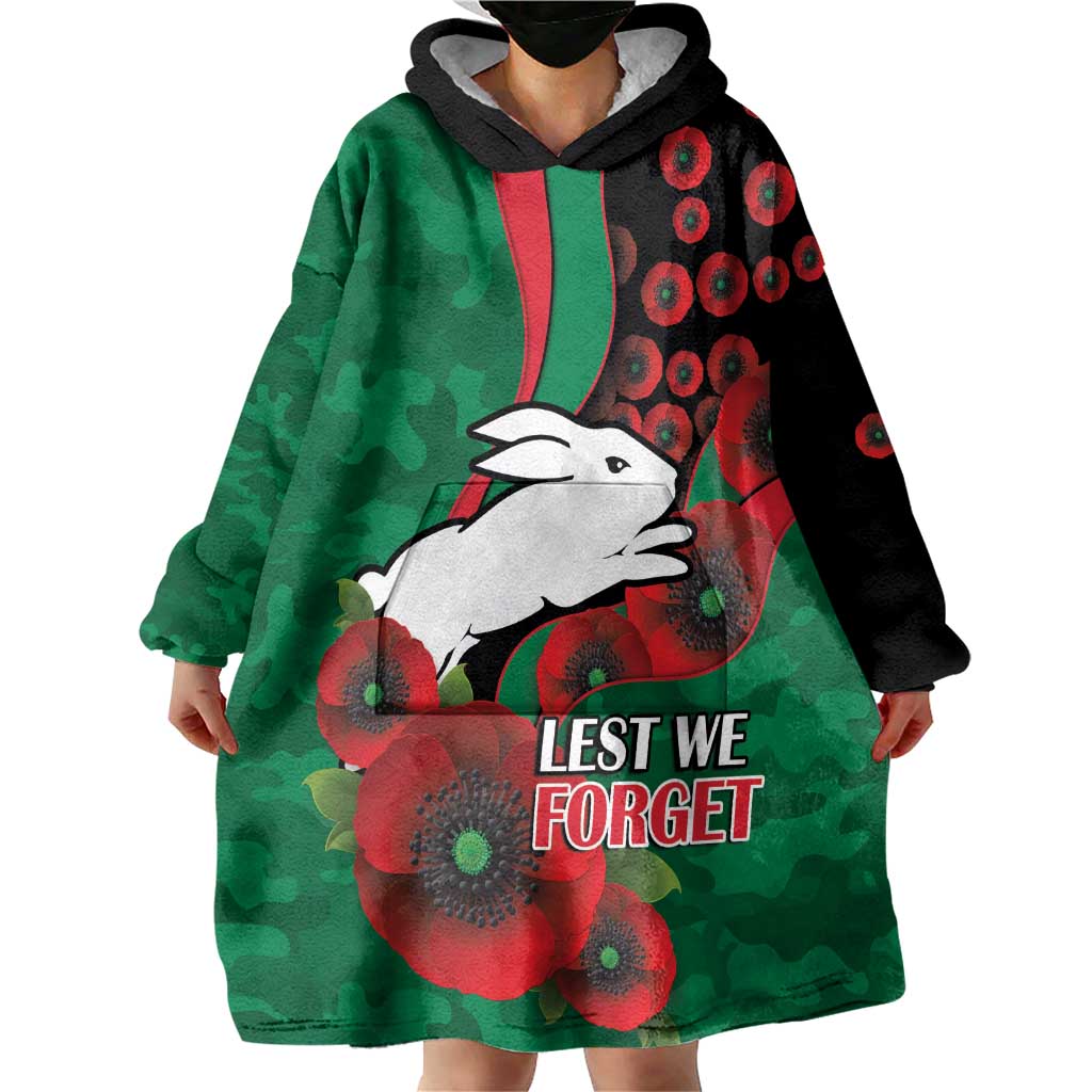 South Sydney Rabbitohs ANZAC Personalised Wearable Blanket Hoodie Lest We Forget Poppy Camo