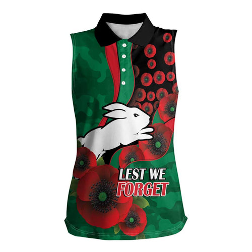 South Sydney Rabbitohs ANZAC Personalised Women Sleeveless Polo Shirt Lest We Forget Poppy Camo