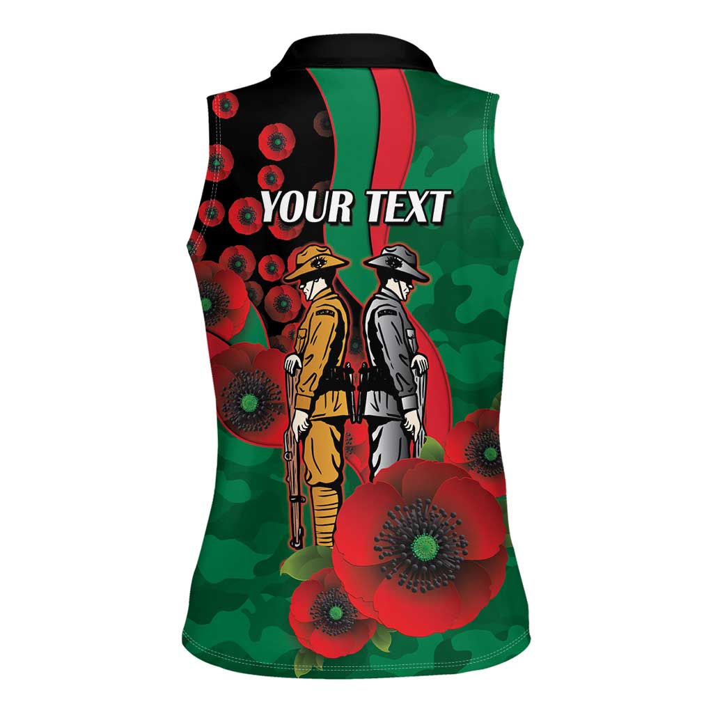 South Sydney Rabbitohs ANZAC Personalised Women Sleeveless Polo Shirt Lest We Forget Poppy Camo