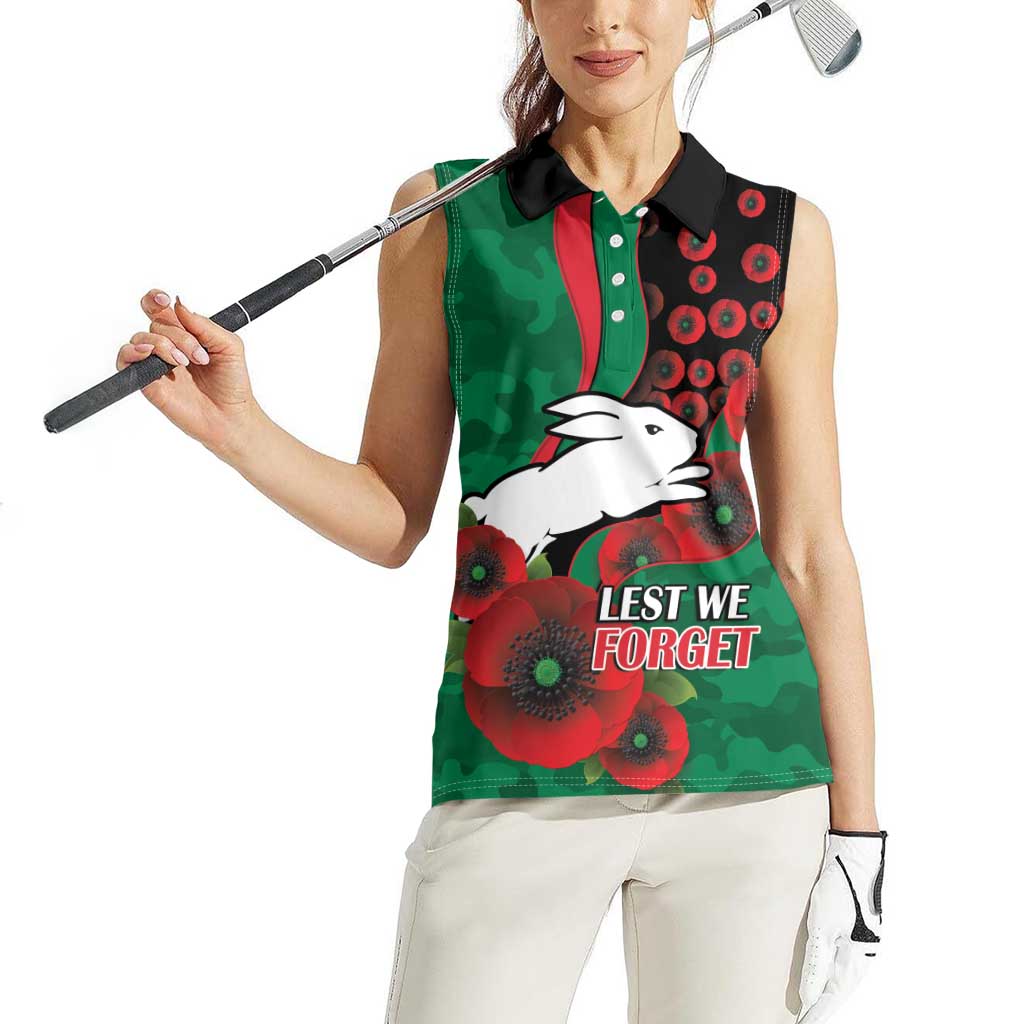 South Sydney Rabbitohs ANZAC Personalised Women Sleeveless Polo Shirt Lest We Forget Poppy Camo