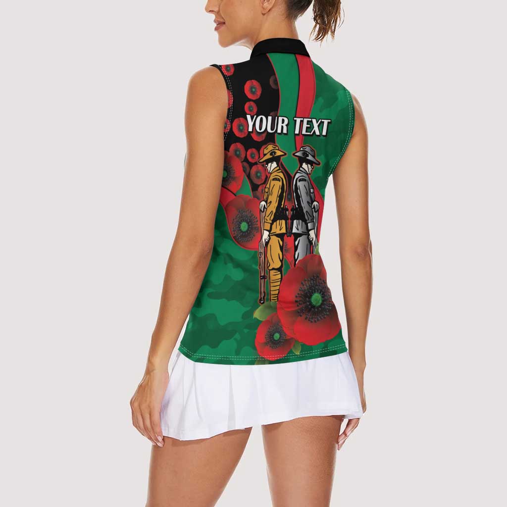 South Sydney Rabbitohs ANZAC Personalised Women Sleeveless Polo Shirt Lest We Forget Poppy Camo