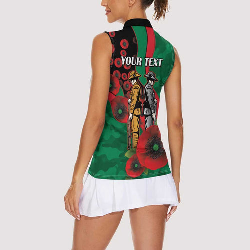 South Sydney Rabbitohs ANZAC Personalised Women Sleeveless Polo Shirt Lest We Forget Poppy Camo
