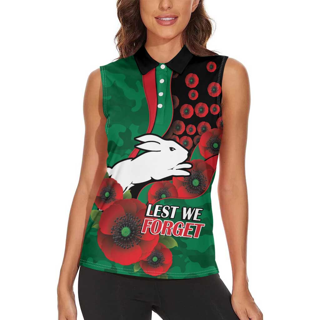 South Sydney Rabbitohs ANZAC Personalised Women Sleeveless Polo Shirt Lest We Forget Poppy Camo
