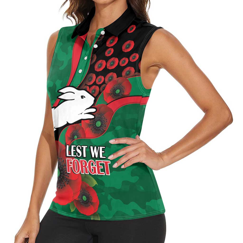 South Sydney Rabbitohs ANZAC Personalised Women Sleeveless Polo Shirt Lest We Forget Poppy Camo
