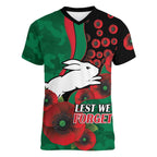 South Sydney Rabbitohs ANZAC Personalised Women V-Neck T-Shirt Lest We Forget Poppy Camo