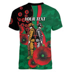 South Sydney Rabbitohs ANZAC Personalised Women V-Neck T-Shirt Lest We Forget Poppy Camo