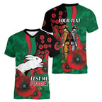 South Sydney Rabbitohs ANZAC Personalised Women V-Neck T-Shirt Lest We Forget Poppy Camo