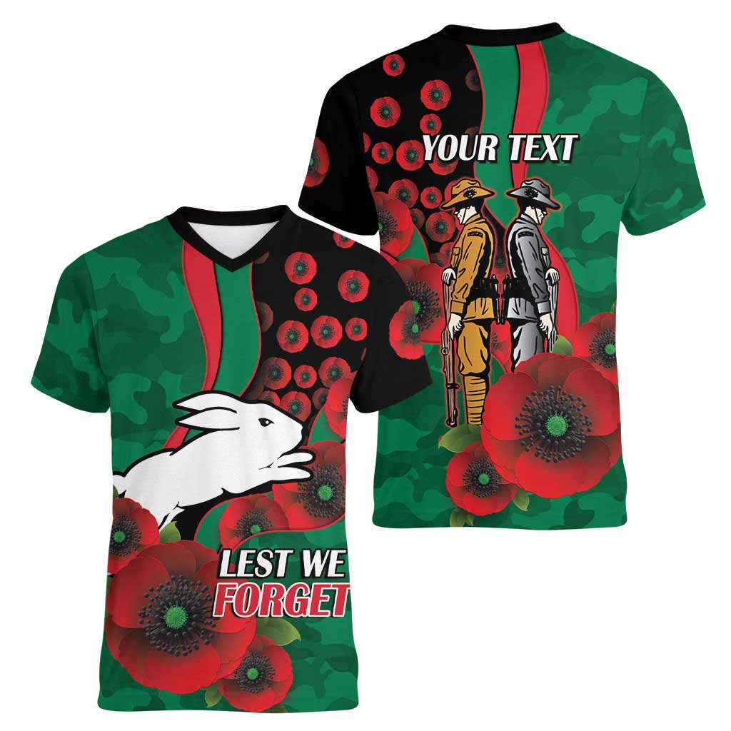 South Sydney Rabbitohs ANZAC Personalised Women V-Neck T-Shirt Lest We Forget Poppy Camo