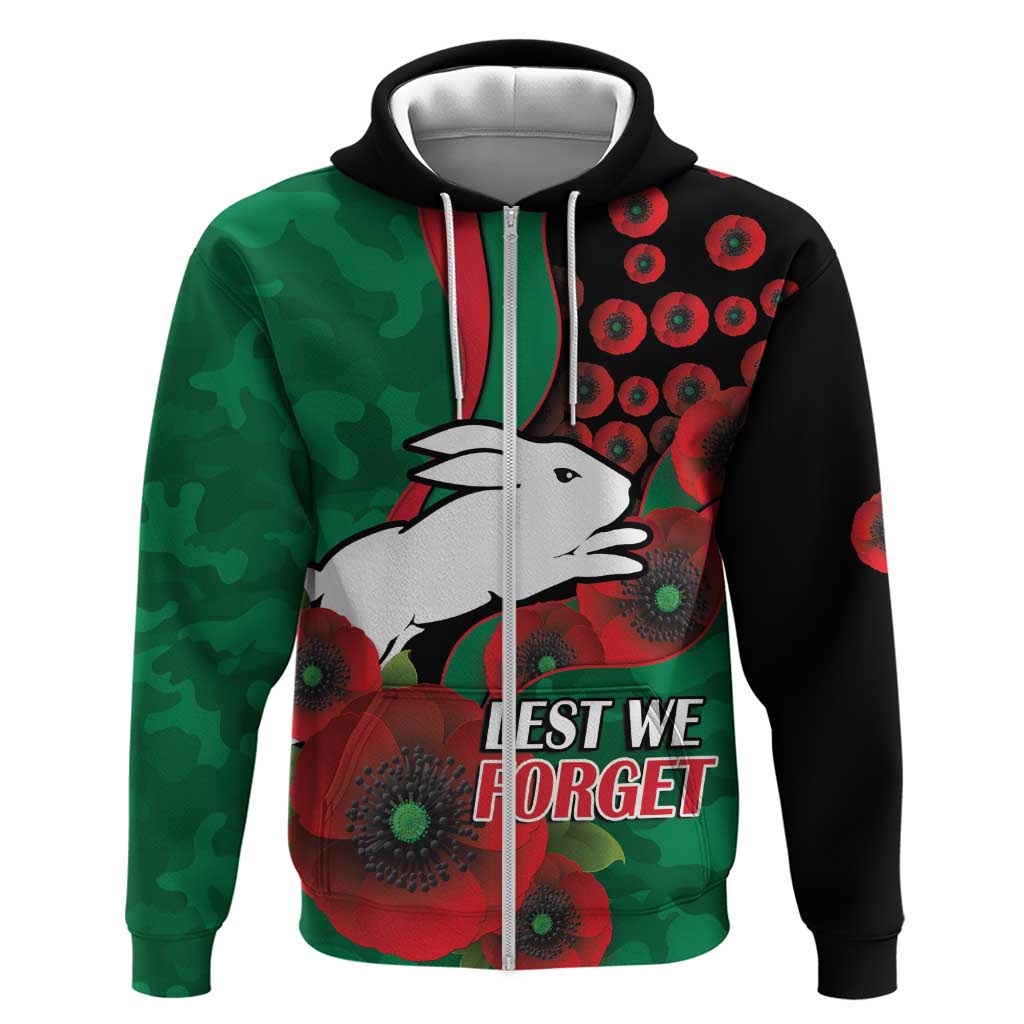 South Sydney Rabbitohs ANZAC Personalised Zip Hoodie Lest We Forget Poppy Camo