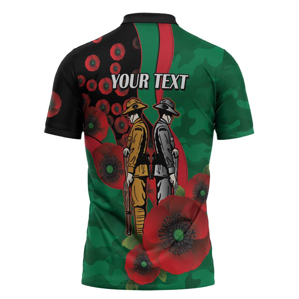 South Sydney Rabbitohs ANZAC Personalised Zipper Polo Shirt Lest We Forget Poppy Camo