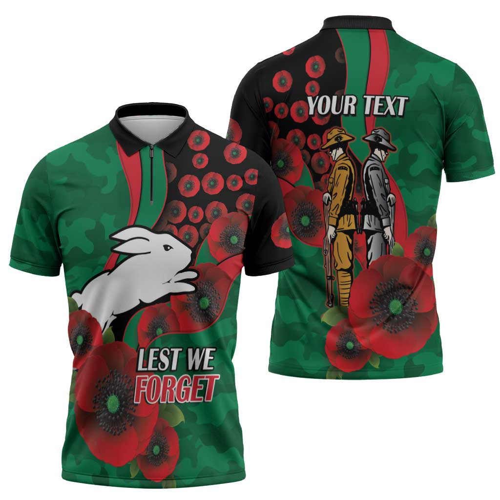 South Sydney Rabbitohs ANZAC Personalised Zipper Polo Shirt Lest We Forget Poppy Camo