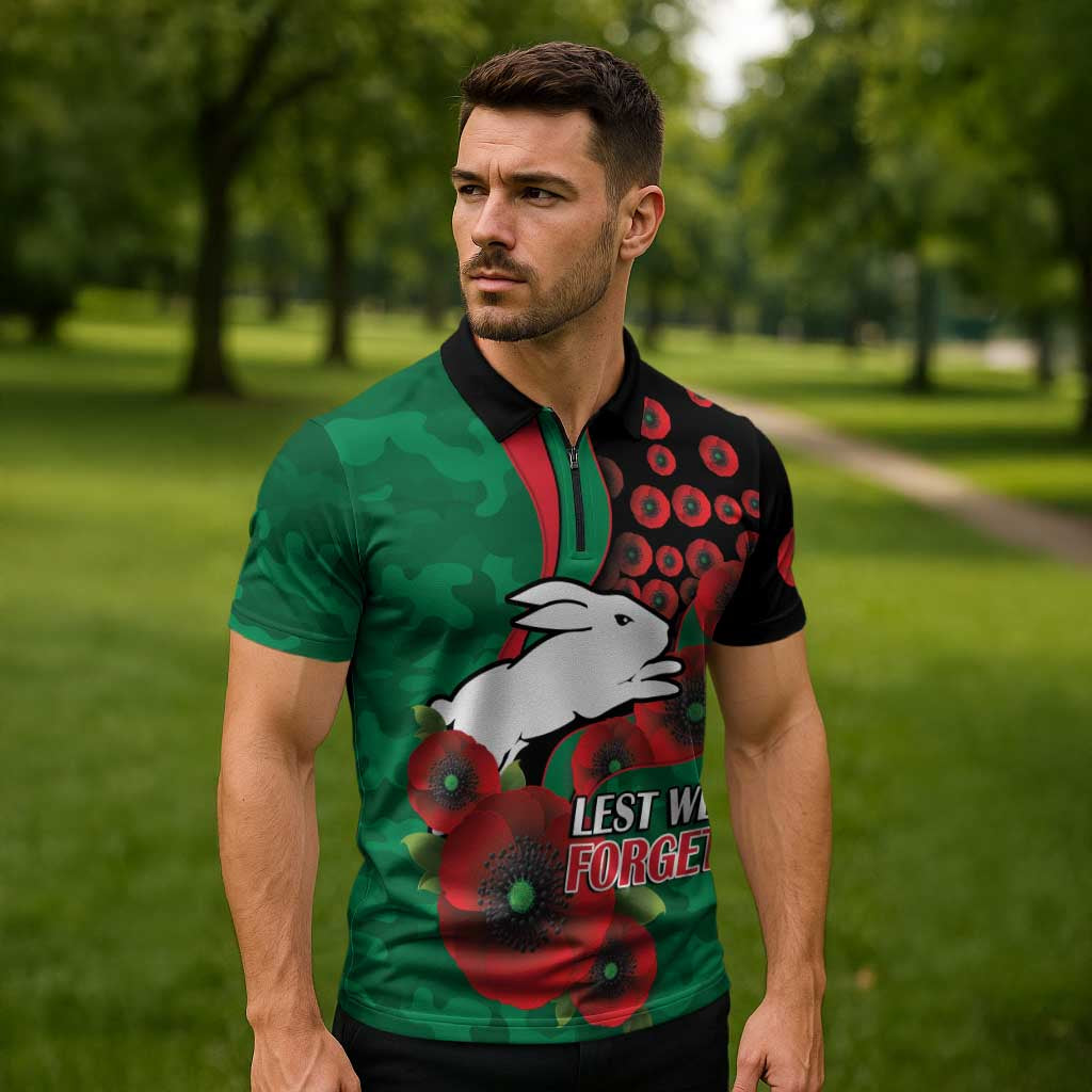 South Sydney Rabbitohs ANZAC Personalised Zipper Polo Shirt Lest We Forget Poppy Camo
