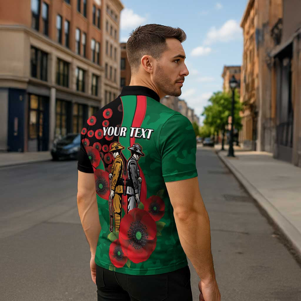 South Sydney Rabbitohs ANZAC Personalised Zipper Polo Shirt Lest We Forget Poppy Camo