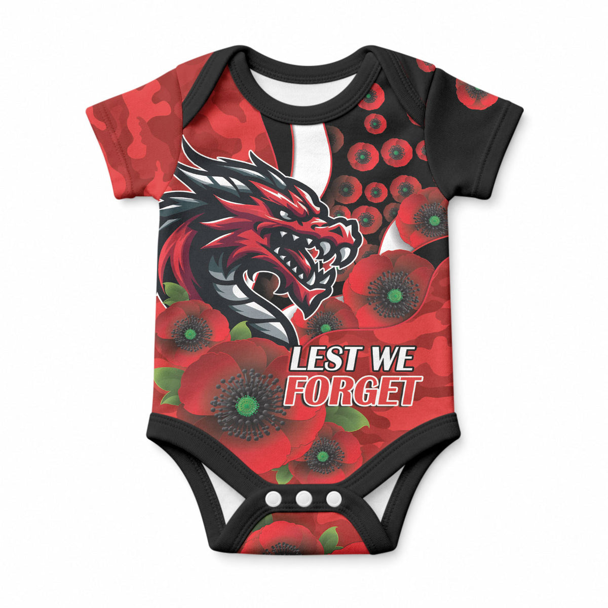 St George Illawarra Dragons ANZAC Personalised Baby Onesie Lest We Forget Poppy Camo