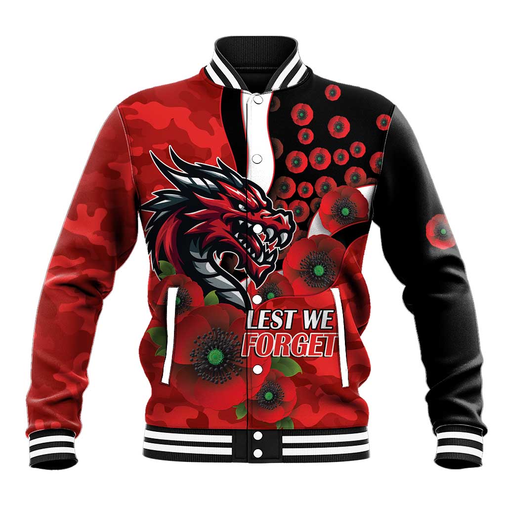 St George Illawarra Dragons ANZAC Personalised Baseball Jacket Lest We Forget Poppy Camo