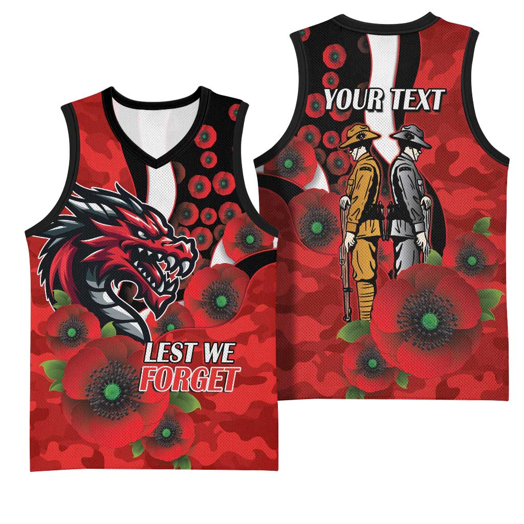 St George Illawarra Dragons ANZAC Personalised Basketball Jersey Lest We Forget Poppy Camo