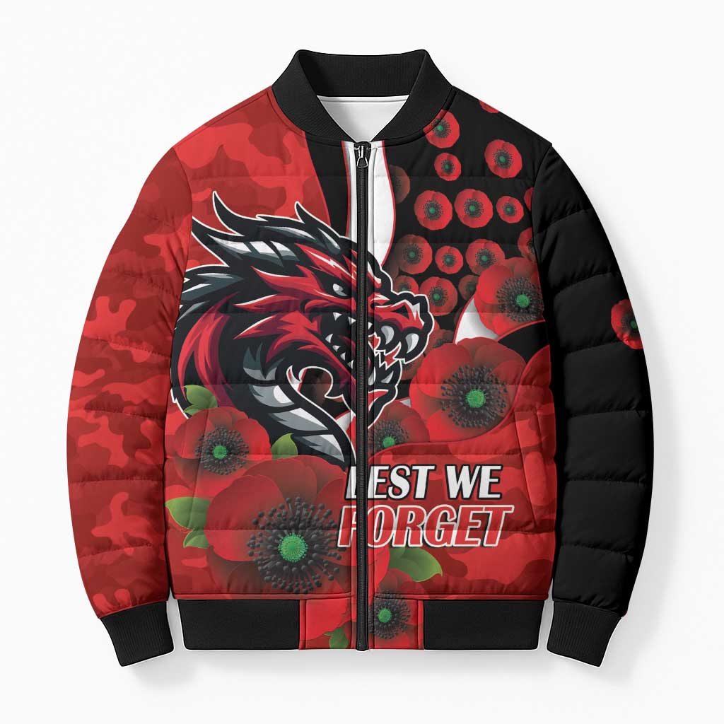 St George Illawarra Dragons ANZAC Personalised Bomber Puffer Jacket Lest We Forget Poppy Camo