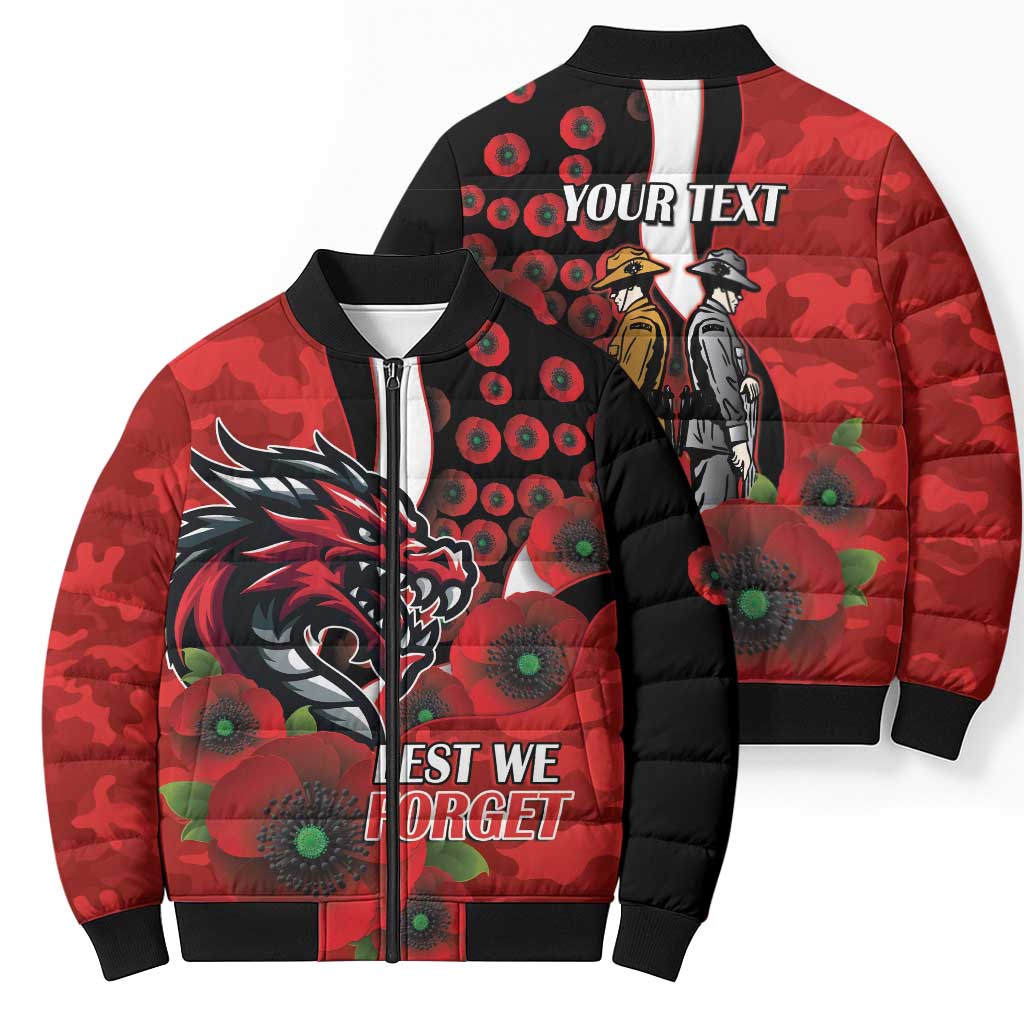 St George Illawarra Dragons ANZAC Personalised Bomber Puffer Jacket Lest We Forget Poppy Camo