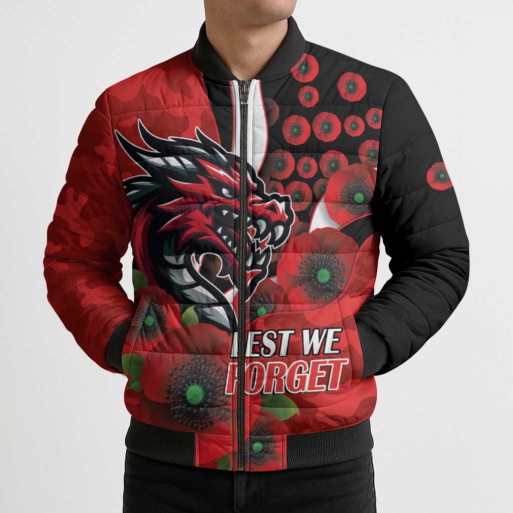 St George Illawarra Dragons ANZAC Personalised Bomber Puffer Jacket Lest We Forget Poppy Camo