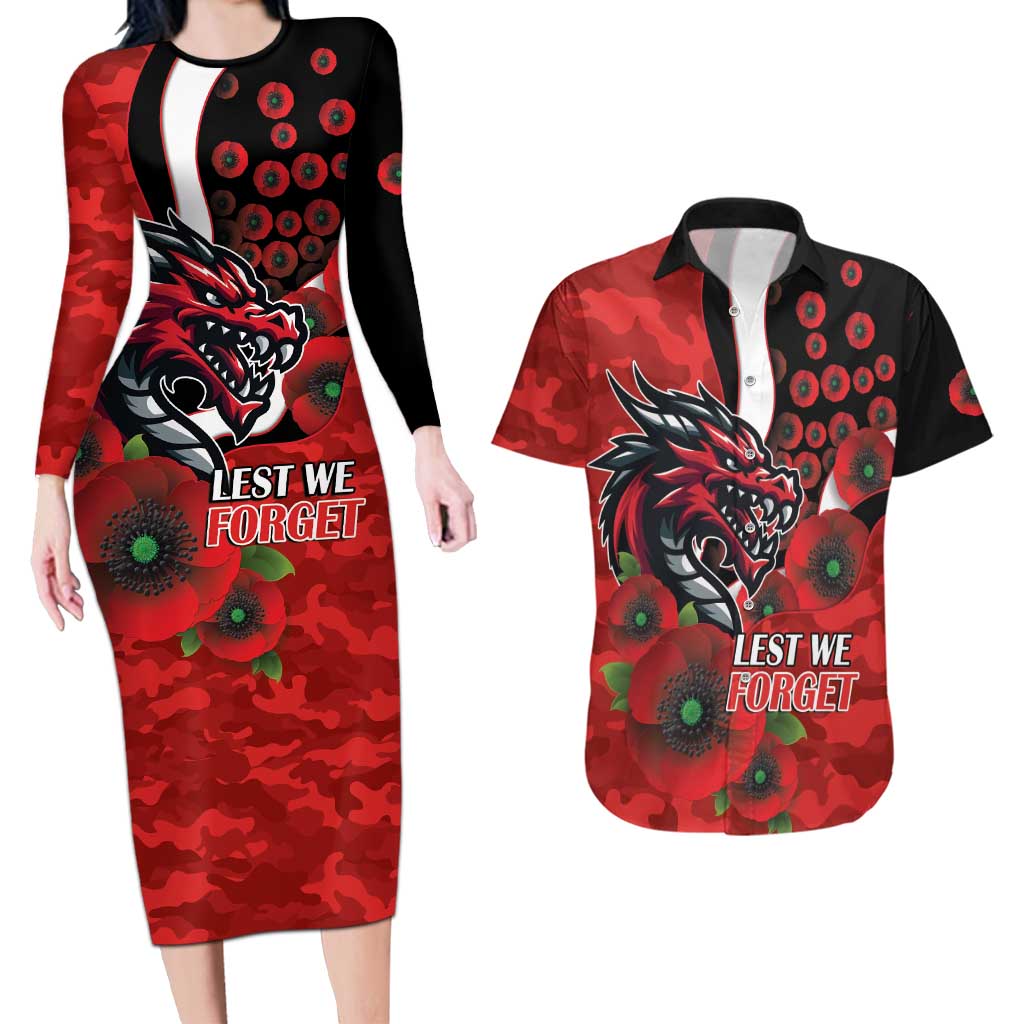 St George Illawarra Dragons ANZAC Personalised Couples Matching Long Sleeve Bodycon Dress and Hawaiian Shirt Lest We Forget Poppy Camo